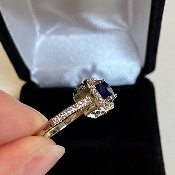 925 Sterling Silver Blue CZ Diamond Halo Ring - Picture 9 of 14